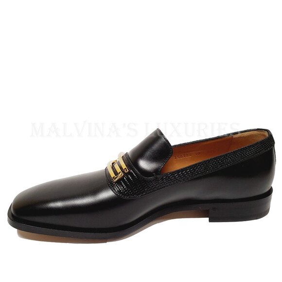 GUCCI SHOES MENS GEOMETRIC G LOGO BLACK LEATHER LOAFERS w LIZARD sz 10 10.5 - Picture 9 of 15